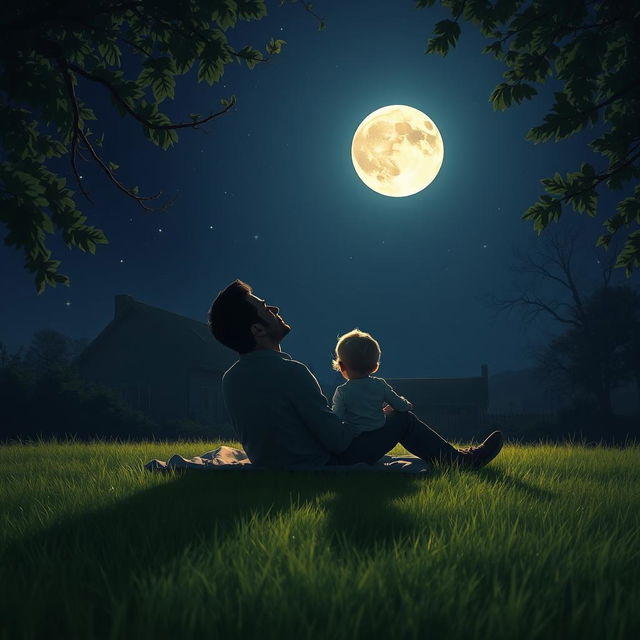 A heartwarming scene of a father and his child gazing up at the night sky, marveling at the full moon casting a vibrant glow
