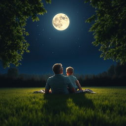 A heartwarming scene of a father and his child gazing up at the night sky, marveling at the full moon casting a vibrant glow