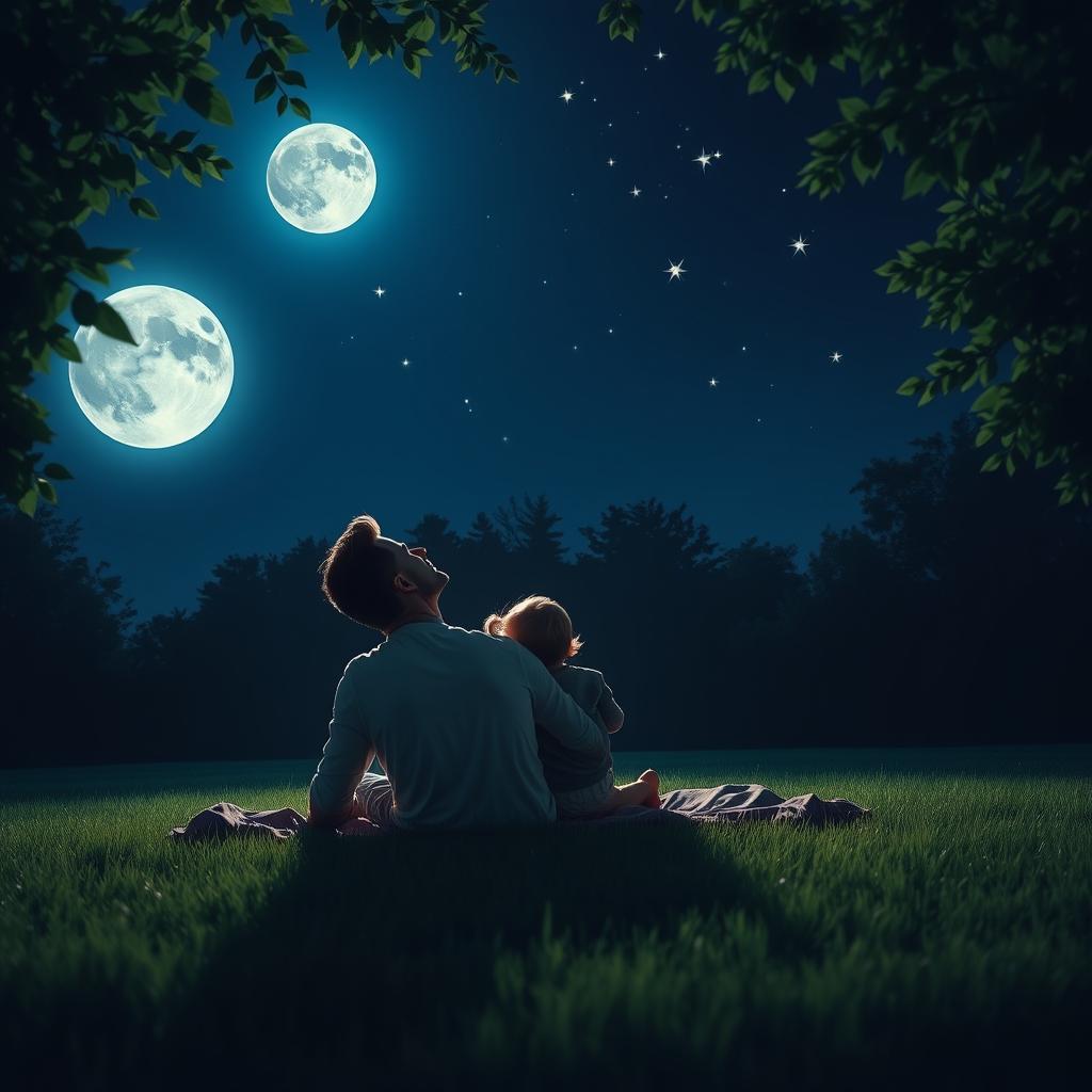 A heartwarming scene of a father and his child gazing up at the night sky, marveling at the full moon casting a vibrant glow