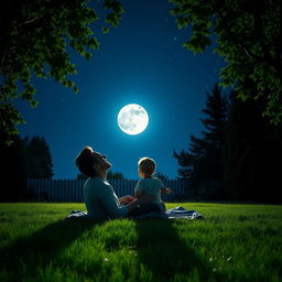 A heartwarming scene of a father and his child gazing up at the night sky, marveling at the full moon casting a vibrant glow