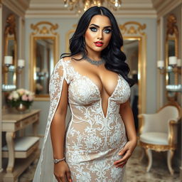A full length photograph of a curvy young woman with fair skin and a thin face, featuring striking black hair