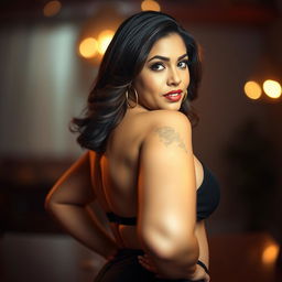 A confident woman with a curvy figure, highlighting her voluptuous silhouette in an artistic and tasteful manner