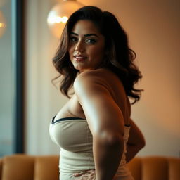A confident woman with a curvy figure, highlighting her voluptuous silhouette in an artistic and tasteful manner