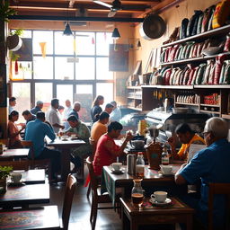 A vibrant Indian coffee house scene showcasing a warm and inviting interior filled with wooden furniture, colorful tablecloths, and traditional decorations