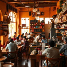 A vibrant Indian coffee house scene showcasing a warm and inviting interior filled with wooden furniture, colorful tablecloths, and traditional decorations