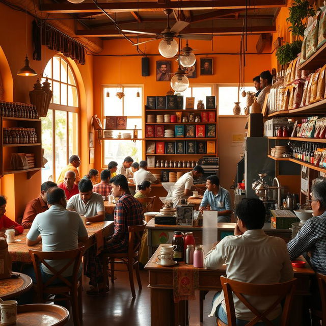 A vibrant Indian coffee house scene showcasing a warm and inviting interior filled with wooden furniture, colorful tablecloths, and traditional decorations