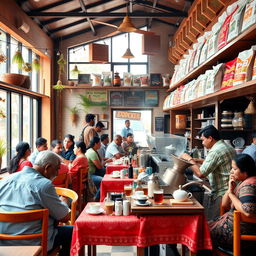 A vibrant Indian coffee house scene showcasing a warm and inviting interior filled with wooden furniture, colorful tablecloths, and traditional decorations