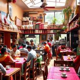 A vibrant Indian coffee house scene showcasing a warm and inviting interior filled with wooden furniture, colorful tablecloths, and traditional decorations