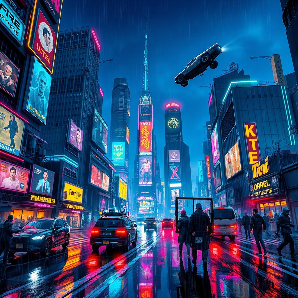 A vibrant cyberpunk cityscape at night, featuring towering skyscrapers adorned with neon lights and holographic advertisements