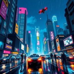 A vibrant cyberpunk cityscape at night, featuring towering skyscrapers adorned with neon lights and holographic advertisements