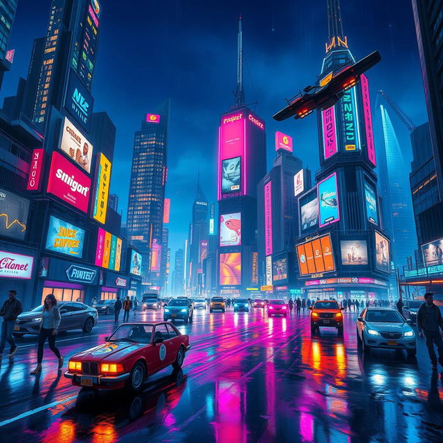 A vibrant cyberpunk cityscape at night, featuring towering skyscrapers adorned with neon lights and holographic advertisements