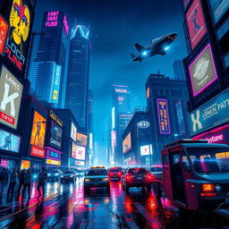 A vibrant cyberpunk cityscape at night, featuring towering skyscrapers adorned with neon lights and holographic advertisements