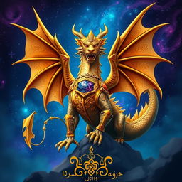 A majestic dragon in a space setting, showcasing vibrant hues of blue and purple stars in the background