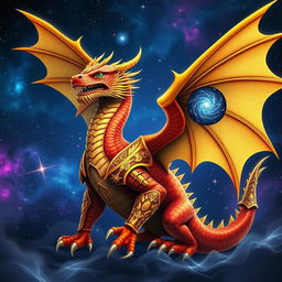A majestic dragon in a space setting, showcasing vibrant hues of blue and purple stars in the background