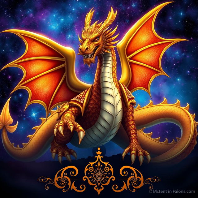 A majestic dragon in a space setting, showcasing vibrant hues of blue and purple stars in the background