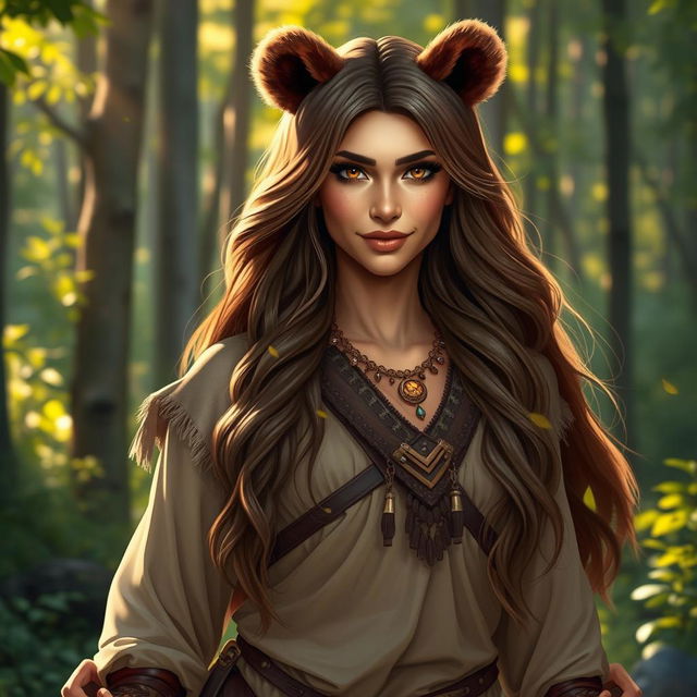 A strong and powerful bear-woman hybrid, with a graceful and attractive appearance embodying both human and bear features