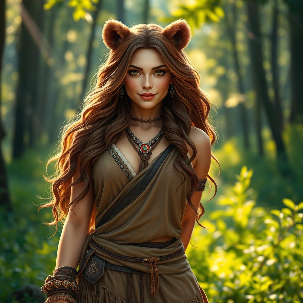 A strong and powerful bear-woman hybrid, with a graceful and attractive appearance embodying both human and bear features