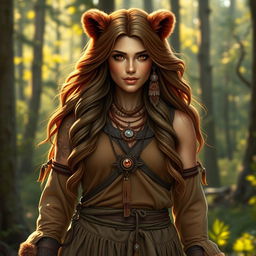 A strong and powerful bear-woman hybrid, with a graceful and attractive appearance embodying both human and bear features