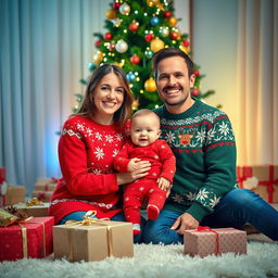 A warm and joyful Christmas family photo featuring two adults and their adorable baby
