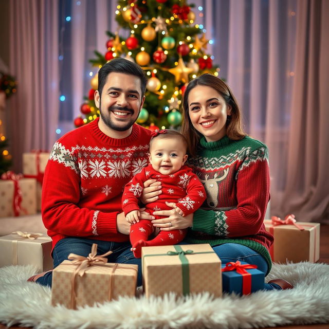 A warm and joyful Christmas family photo featuring two adults and their adorable baby