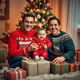 A warm and joyful Christmas family photo featuring two adults and their adorable baby