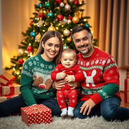 A warm and joyful Christmas family photo featuring two adults and their adorable baby