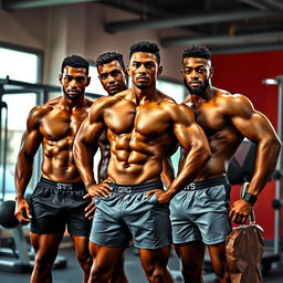 A group of hot, muscular mulatto men in stylish boxer shorts, showcasing their impressive physiques and athletic builds