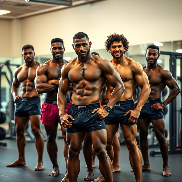 A group of hot, muscular mulatto men in stylish boxer shorts, showcasing their impressive physiques and athletic builds