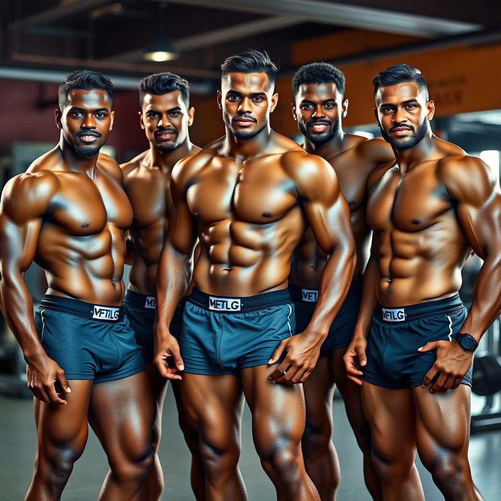 A group of hot, muscular mulatto men in stylish boxer shorts, showcasing their impressive physiques and athletic builds