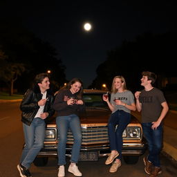 On a dark, moonlit night, five friends are gathered around a parked car