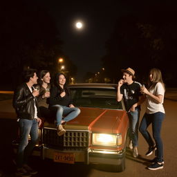 On a dark, moonlit night, five friends are gathered around a parked car