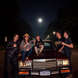On a dark, moonlit night, five friends are gathered around a parked car