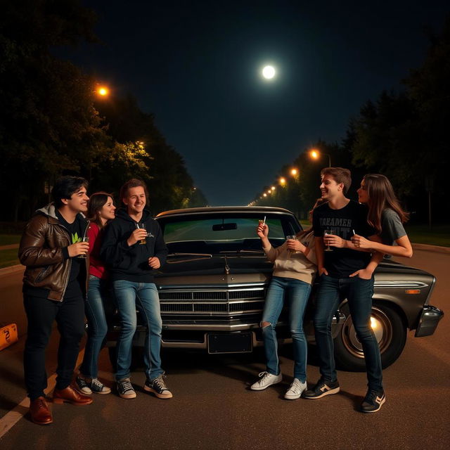 On a dark, moonlit night, five friends are gathered around a parked car