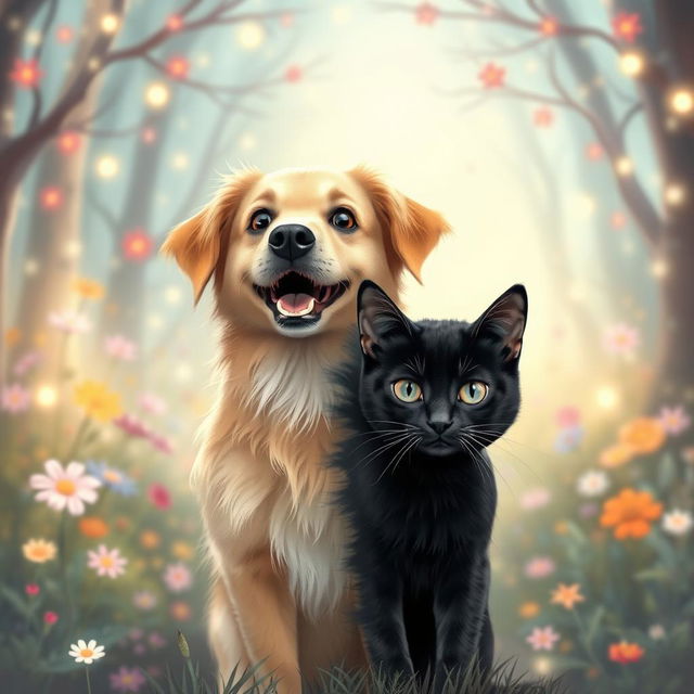 A whimsical scene depicting a dog magically transforming into a cat