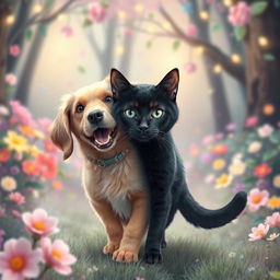 A whimsical scene depicting a dog magically transforming into a cat