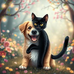 A whimsical scene depicting a dog magically transforming into a cat