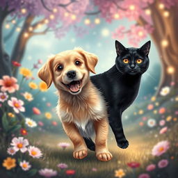 A whimsical scene depicting a dog magically transforming into a cat