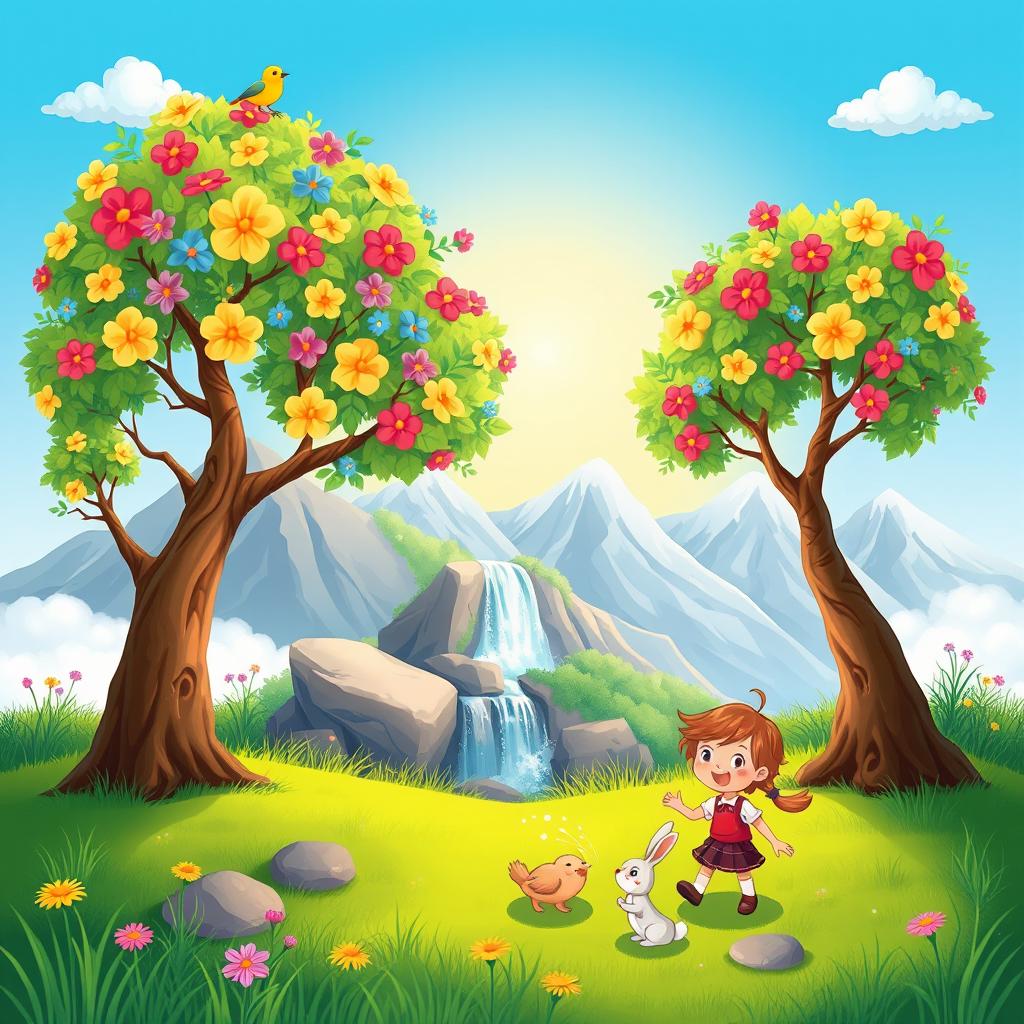 A vibrant cartoon illustration of a nature scene featuring two blooming trees with colorful blossoms, lush green grass covering the ground, a sparkling waterfall cascading down rocks, majestic mountains in the background, and a bright blue sky with two fluffy clouds