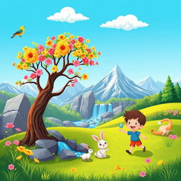 A vibrant cartoon illustration of a nature scene featuring two blooming trees with colorful blossoms, lush green grass covering the ground, a sparkling waterfall cascading down rocks, majestic mountains in the background, and a bright blue sky with two fluffy clouds