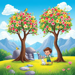 A vibrant cartoon illustration of a nature scene featuring two blooming trees with colorful blossoms, lush green grass covering the ground, a sparkling waterfall cascading down rocks, majestic mountains in the background, and a bright blue sky with two fluffy clouds