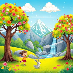 A vibrant cartoon illustration of a nature scene featuring two blooming trees with colorful blossoms, lush green grass covering the ground, a sparkling waterfall cascading down rocks, majestic mountains in the background, and a bright blue sky with two fluffy clouds