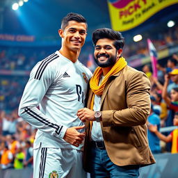 A vibrant and energetic scene featuring Cristiano Ronaldo and Allu Arjun together, standing in a dynamic pose