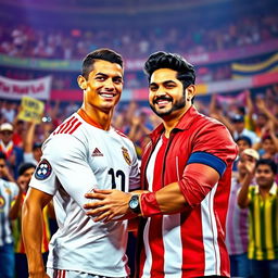 A vibrant and energetic scene featuring Cristiano Ronaldo and Allu Arjun together, standing in a dynamic pose