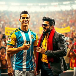 A vibrant and energetic scene featuring Cristiano Ronaldo and Allu Arjun together, standing in a dynamic pose