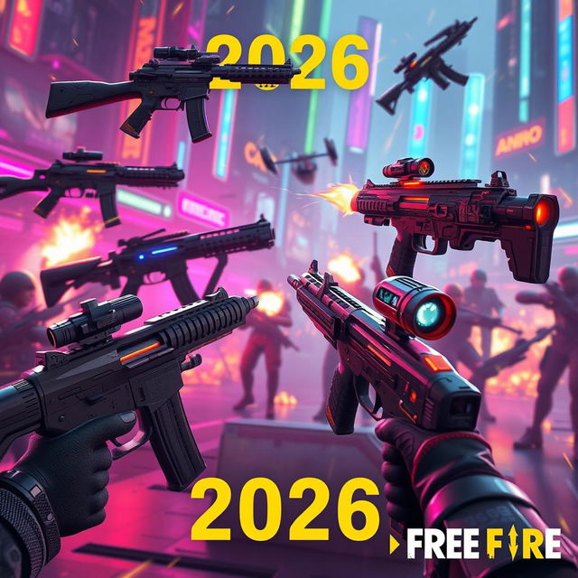 A futuristic scene in the year 2026 showcasing advanced firearms from the popular game Free Fire