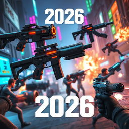 A futuristic scene in the year 2026 showcasing advanced firearms from the popular game Free Fire