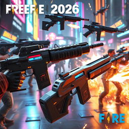 A futuristic scene in the year 2026 showcasing advanced firearms from the popular game Free Fire
