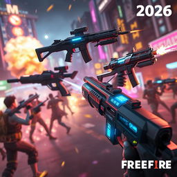 A futuristic scene in the year 2026 showcasing advanced firearms from the popular game Free Fire