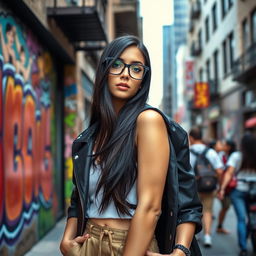 A fashionable young woman in a stylish urban outfit, standing confidently against a vibrant street art background
