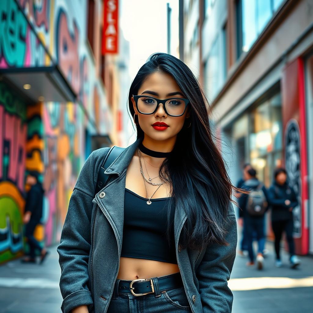 A fashionable young woman in a stylish urban outfit, standing confidently against a vibrant street art background